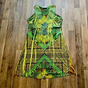 Unity World Wear Green Patterned Retro Boho V-neck Mini Dress Size Large